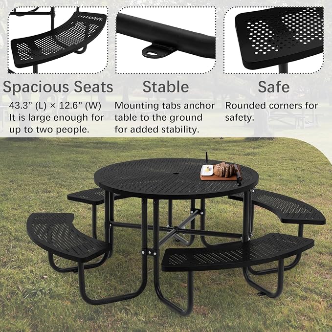 Coated Steel Heavy Duty Picnic Table for Outdoors 3200 lbs Load, Round Camping Table with 1.78" Umbrella Hole, Commercial Picnic Table with Benches, Black