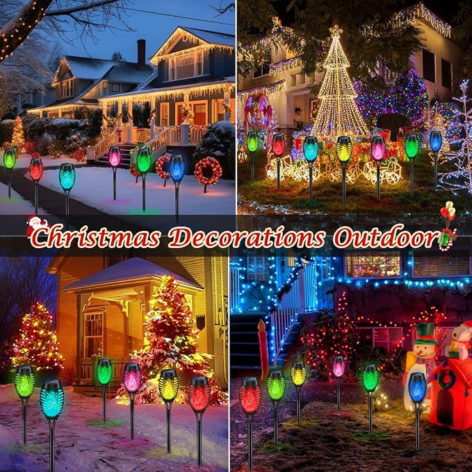 Christmas Decorations Outdoor, Multicolor Flickering Solar Christmas Lights | Flickering Flame Solar Torch Light for Xmas Decor, Solar Powered Christmas lights Waterproof for Yard Pathway Christmas Decor