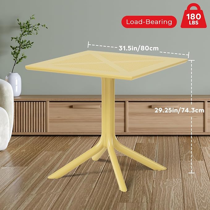 Costaelm Patio Dining Table for 4, Square PP Patio Table, 4-Person Weather Resistant Porch Tables for Outside Poolside Deck Lawn Garden Backyard, Yellow