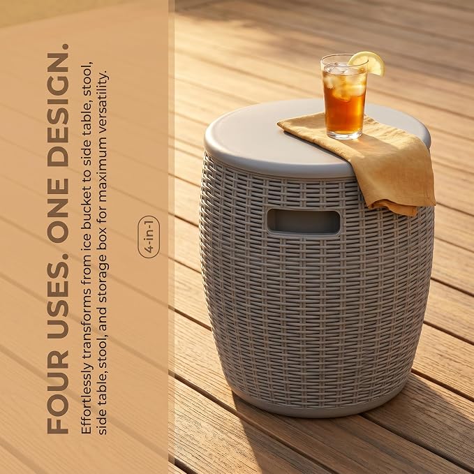 Zapdos 9.5 Gallon Outdoor Cooler Table, 4-in-1 Patio Side Table Cooler and Wicker Storage Stool, 330lbs Capacity Lid