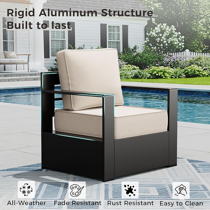 Outdoor Patio Furniture Set, 6-Piece Aluminum Patio Conversation Set All-Weather Metal Outdoor Sectional with 6 Inch Thick Cushions, Deep Setting for Garden, Outside and Porch, Beige