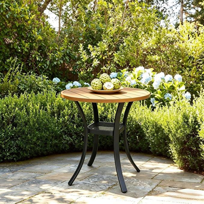 Outdoor Round Dining Table for 2, 27" Small Metal Wrought Iron Table, All Weather Patio Furniture Bistro Table for Deck, Yard, Porch - Honey Oak