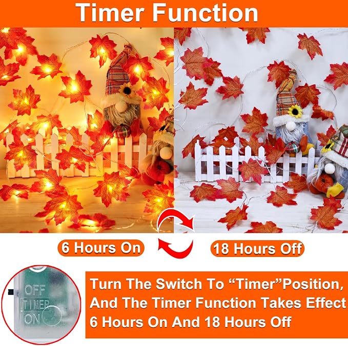 Timer&3 Pack Fall Decor 30Ft Fall Garland with Lights 60LED Autumn Garland | Patented Realistic Maple Leaves Garland Fall Decorations for Home, Battery Operated Waterproof Thanksgiving Halloween Decor