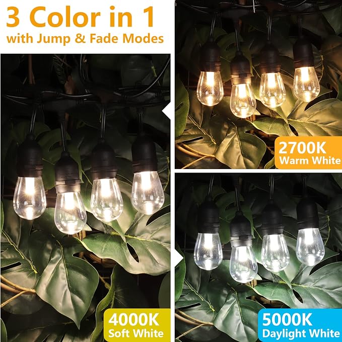 144FT(3x48FT) 3 Colors LED Outdoor String Light with Remote, Black | Plug in, Jump/Fade/Static Modes, 2700K/4000K/5000K, 45+3 S14 Bulbs, Waterproof, Dimmable, Connectable, for Balcony Party