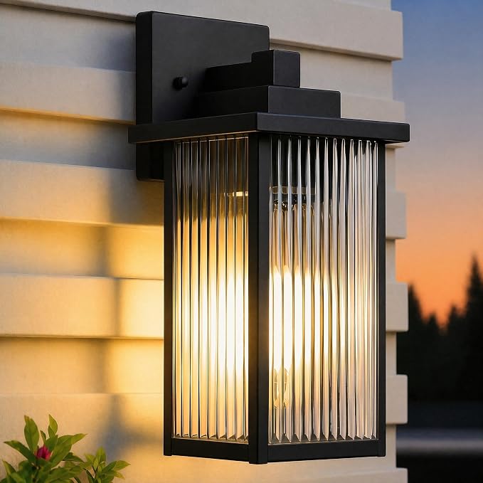 15-Inch Matte Black Outdoor Wall Light, All-Metal Frame Porch Light | Textured Glass Softens Glare, Stays Bright. Waterproof Rust-Resistant Metal. Pre-Assembled DIY Install on Porch, Garage