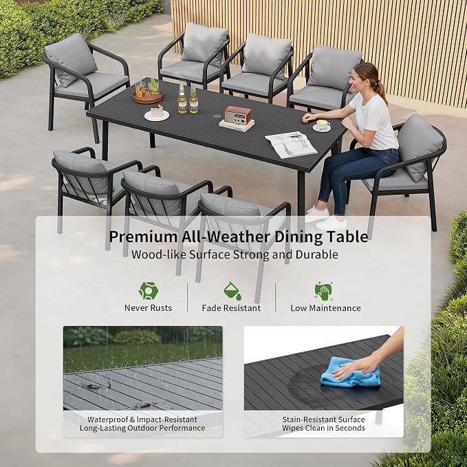 82"×35" Never-Rust Aluminum Outdoor Dining Table – Rectangular Patio Table for 8 Person with Umbrella Hole, Heavy Duty All-Weather for Poolside, Garden, Backyard, Porch, Deck, Black