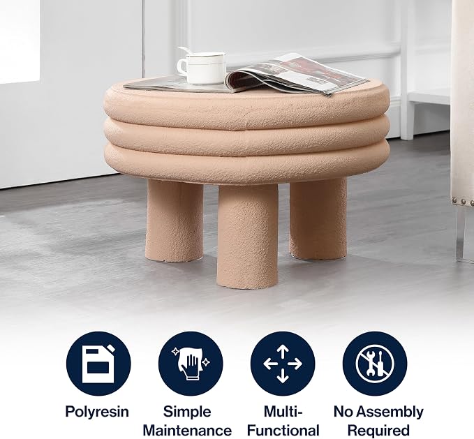 JONATHAN Y Rashida 13.5" Modern Round Polyresin Indoor Outdoor Accent Coffee Table, Weather Resistant Low Table with Chunky Ribbed Stacked Ring Design and Tripod Pillar Base, Pink Frosted TBL1105A