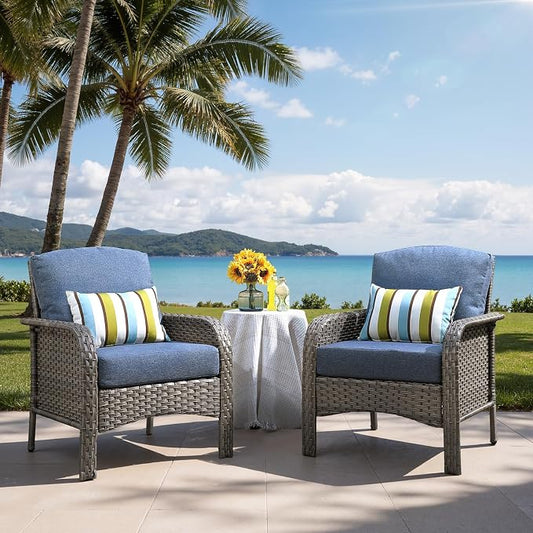 2-Piece Outdoor Patio Furniture Set, Outdoor Conversation Wicker Sofa with Thickened Cushions, Rattan Couch for Deck Yard Poolside, Blue