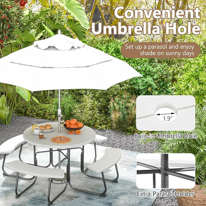 COSTWAY Round Picnic Table with Umbrella Hole, Outdoor Picnic Table with Bench Set for 4-8 People, HDPE Tabletop, Patio Dining Furniture Set for Family Gatherings, BBQ Party, Backyard (White)