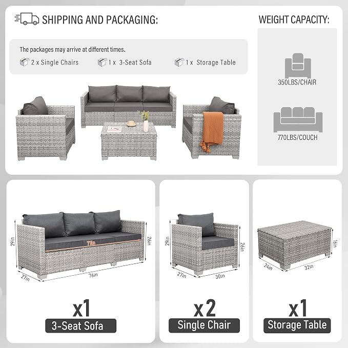 WAROOM Patio Furniture Set 4 Piece Outdoor Wicker Conversation Sets PE Rattan Couch Sectional Sofa with Storage Table, Grey Cushion
