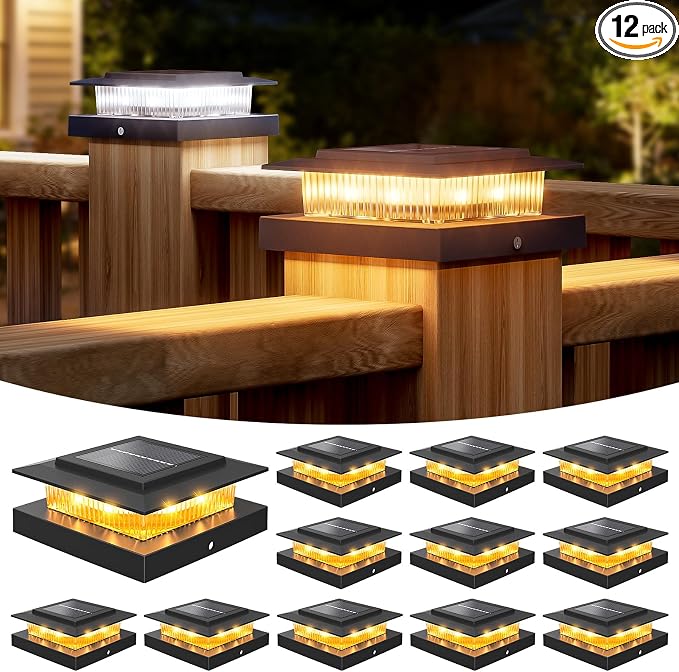 4x4 Post Solar Lights with 2 Modes,Solar Post Lights, 12 Pack Black | Solar Post Cap Lights for 4x4 Post Caps Wood Vinyl,IP44 Waterproof Fence Post Solar Lights Outdoor, Solar Deck Post Light