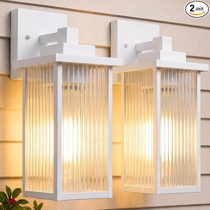 2-Pack 13" White Outdoor Wall Light, All-Metal Frame Porch Light | Textured Glass Softens Glare, Stays Bright. Anti-Yellowing White Metal. Pre-Assembled DIY Install. For Porch, Garage & Entry