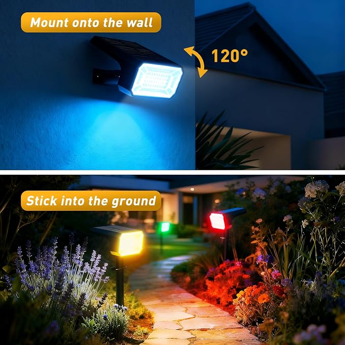 Solar Color Changing Spot Lights Outdoor, 4 Pack Solar Landscape Lights with 32 LEDs Each, 7 Lighting Modes, IP65 Waterproof, 2-in-1 Adjustable Solar Spotlights for Yard Garden Pathway Driveway