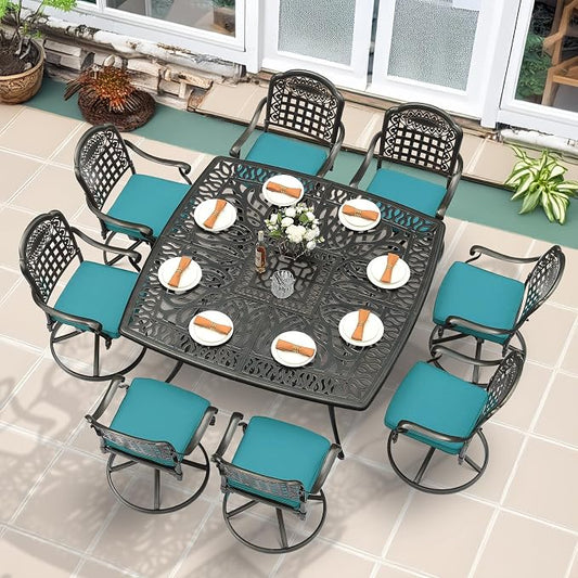 MEETWARM 9-Piece Outdoor Patio Dining Set, All Weather Cast Aluminum Patio Funiture Table and Chairs Set- Large 64" Square Table, 8 Cushioned Swivel Rocker Chairs for Garden, Umbrella Hole, Ocean Blue