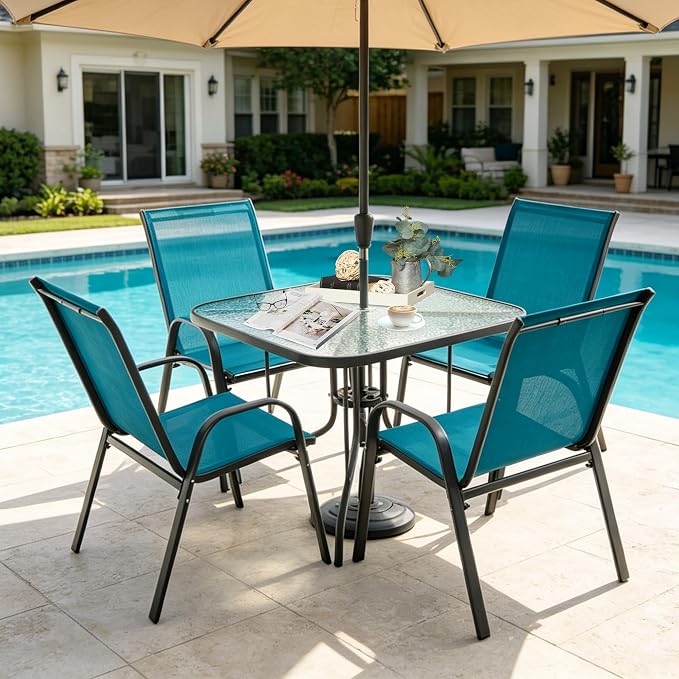 Patio Dining Table for 4 with Umbrella Hole, Outdoor 5 Piece Dining Set 36" x 36", Grey, for Garden Backyard Poolside Front Proch Outside
