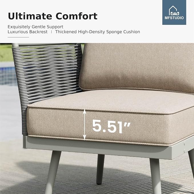 MFSTUDIO 8 Pieces Metal Patio Furniture Sets with Detachable Rope Rattan Armrest, 7 Seats Steel Outdoor Conversation Set All Weather Patio Sectional Couch with Coffee Table & Ottomans, Beige Cushion