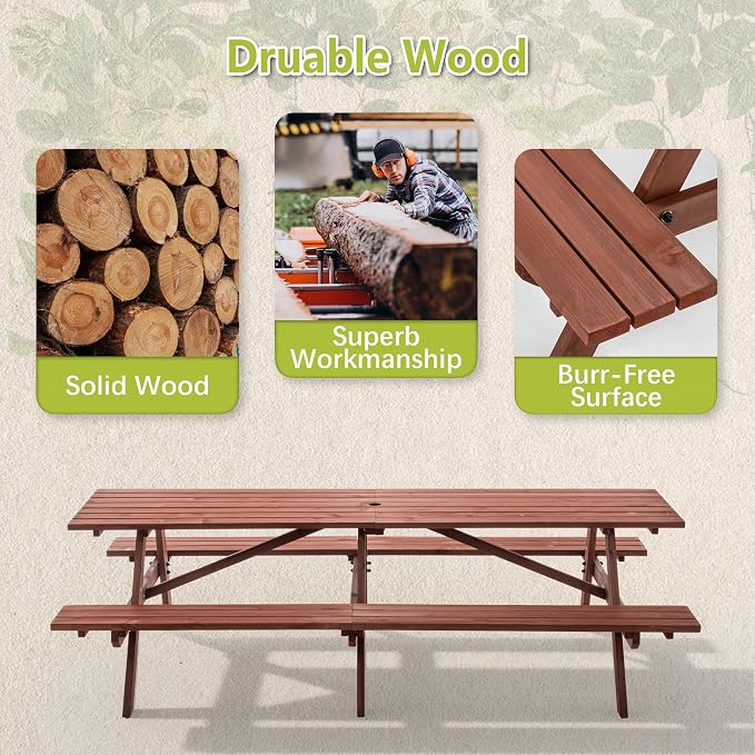94.5" Picnic Table with Bench for 12 Person Extra Large Rectangle Outdoor Wooden Outdoor Picnic Tables for Patio Garden Backyard Large Outside Dining Table Set with Umbrella Hole