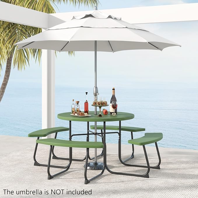 Round Picnic Table for 8 Person, Outside Table Bench Set w/ 4 Built-in Benches, Umbrella Hole, HDPE Top & Metal Frame, 2000LBS Capacity Outdoor Picnic Table for Garden, Porch, Patio (Green)