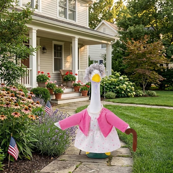 Old Lady Porch Goose Outfits with Floral Dress for 23" Cement Statues | 23 inch Funny Concrete Goose Outfit Grandma Costume with Wig Glasses Cane for Lawn Yard Garden Patio Decor(Hot Pink Floral)