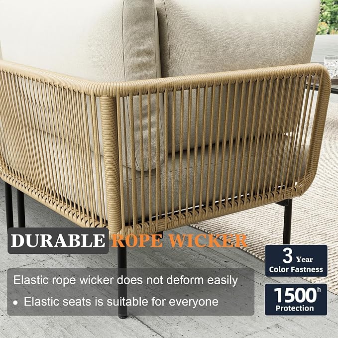 9 Piece Modern Outdoor Rope Wicker Sectional Patio L-Shaped Conversation Sofa Set Deep Seating with Thick Cushions