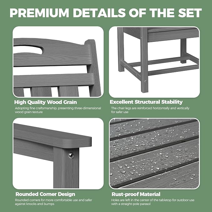 HDPE Outdoor Patio Dining Set with Table & 6 Chairs, All-Weather 7-Piece Outdoor Table and Chairs, 2" Umbrella Hole, Patio Furniture for Garden, Backyard, Deck | Grey