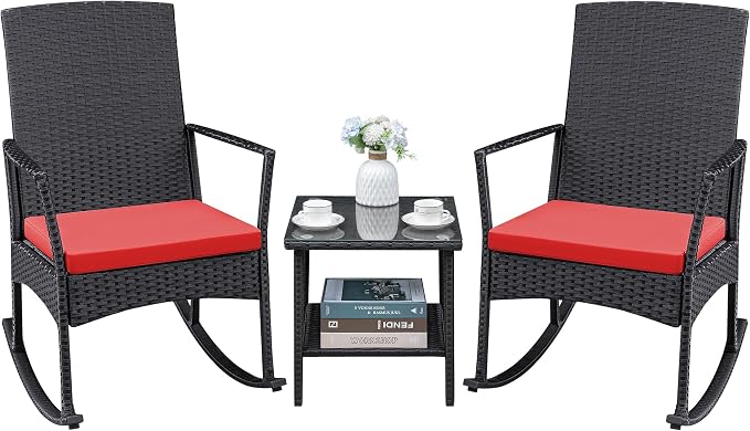 Greesum 3 Pieces Patio Furniture Set Outdoor Wicker Rocking Chairs with Glass Coffee Table for Garden Backyard Porch Poolside, Red