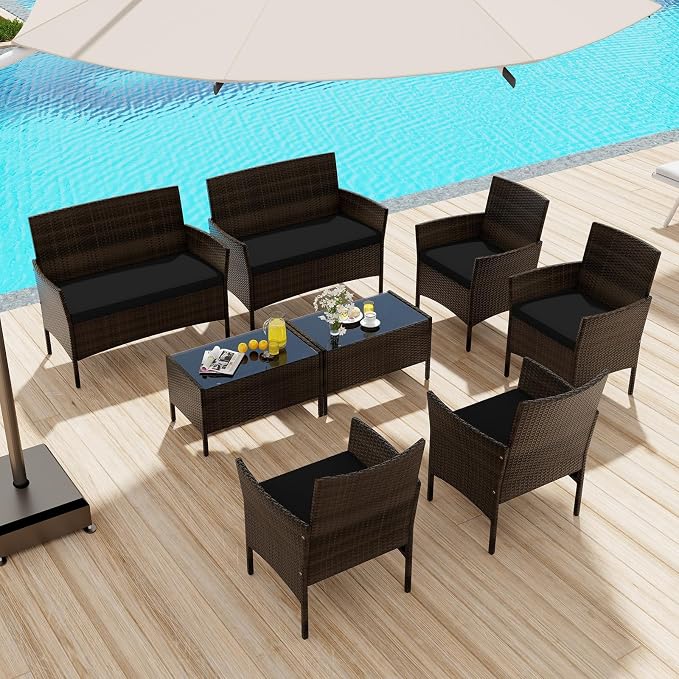 4 Piece Patio Furniture Set, Sectional Conversation Sofa Set with Glass Coffee Table, Cushions & Loveseat, Wicker Outdoor Table and Chairs for Pool, Garden, Deck, Backyard (2, Black)