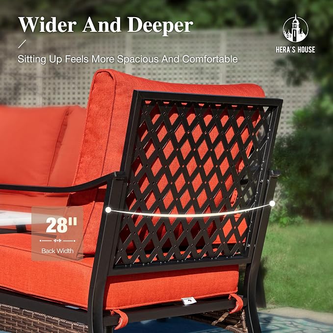 HERA'S HOUSE 4 Piece Metal Patio Furniture Set, 2 x Rocking Cushioned Chair, 2-Seat Lover Sofa with Coffee Table, All Weather Outdoor Conversation Set for Lawn Garden Backyard Deck, Red