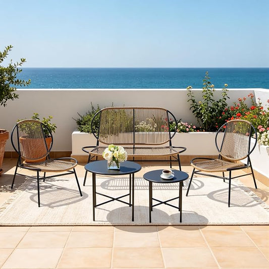 5-Piece Outdoor Patio Furniture Set, Wicker Sofa and Chairs with Cushions, PE Rattan All-Weather Conversation Set with Coffee Table for Backyard, Patio, Poolside, Garden, Deck Natural Wood