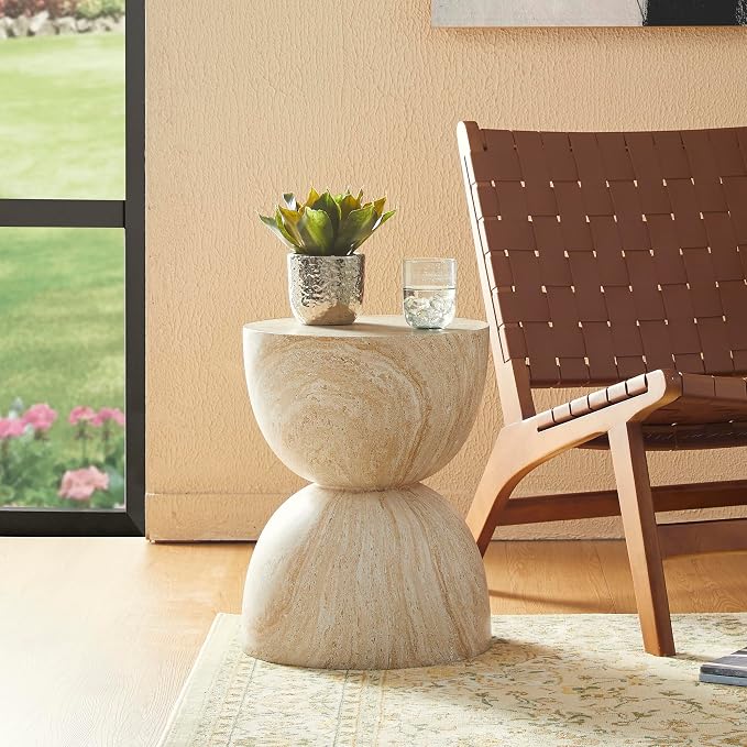 Glitzhome Outdoor Side Table, Round Small End Table with Terrazzo Finish MGO Hourglass Garden Stool, Set of 2 Lightweight Decorative Accent Table for Living Room Planter Stand Patio Backyard Porch