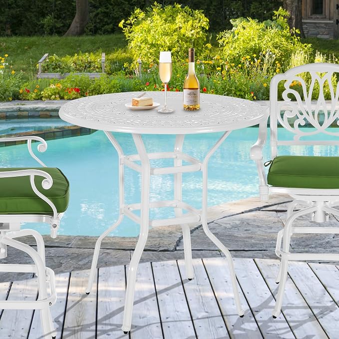 Cast Aluminum Patio Bar Table, 38.5" Outdoor Bar Height Bistro Table with 2" Umbrella Hole, Patio Bistro Round High Top Dining Table Pub Table for Porch Balcony Backyard, White