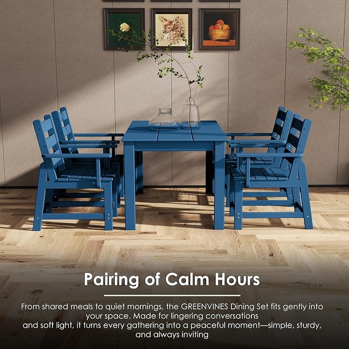GREENVINES 7 Piece HDPE Outdoor Patio Dining Set, Removable Armrests, Blue