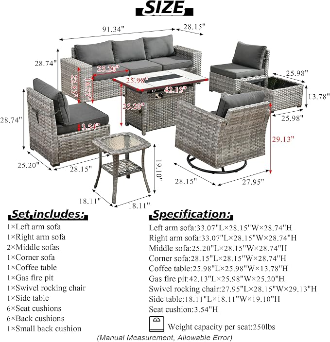 HOOOWOOO Outdoor Patio Sectional Furniture Sofa Set with Large Fire Pit Table,9 Piece Modern Wicker Couch with Swivel Chair,Modular Conversation Seating Set with Widened Armrest(Black)