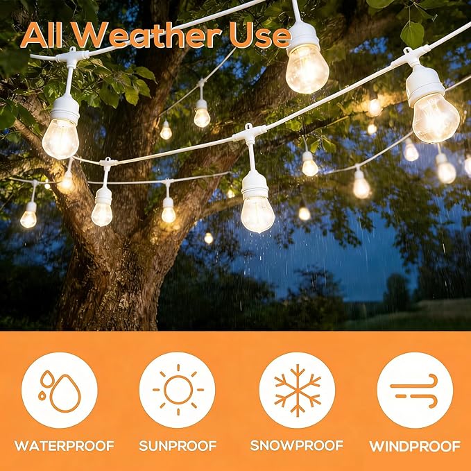SUNTHIN 105FT Outdoor White String Light with 34 1W LED Shatterproof Filament Bulb for Patio Lights, Backyard, Porch, Party Lights