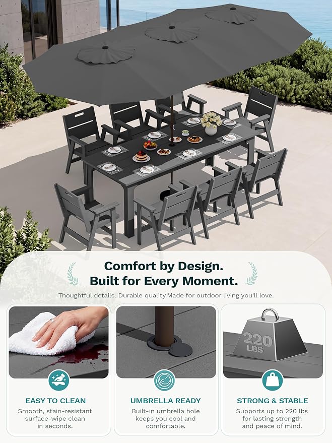 SERWALL 10-Piece Outdoor Dining Set, All-Weather HDPE Patio Furniture with 76" Rectangular Dining Table, 8 Arm Chairs & 1 15FT Umbrella (Base Not Included), Heavy Duty Patio Dining Sets, Gray
