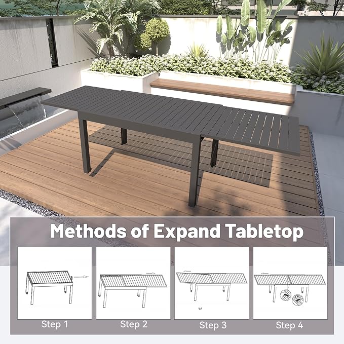 All Aluminum Expandable Patio Dining Table for 6-8 People, Extendable Outdoor Dining Room Table, All Weather Patio Furniture, Rectangular Metal Table with Adjustable Width 53"- 106", Dark Brown