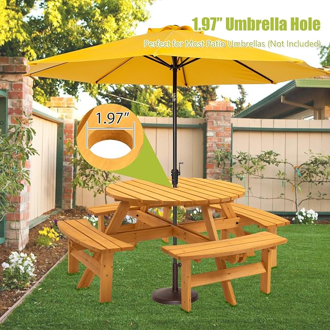 Thanaddo 8-Person Outdoor Circular Wooden Picnic Table, Camping Dining Table w/ 4 Built-in Benches, Outside Table Set with Umbrella Hole, 2220lb Capacity for Garden Patio Backyard - Natural