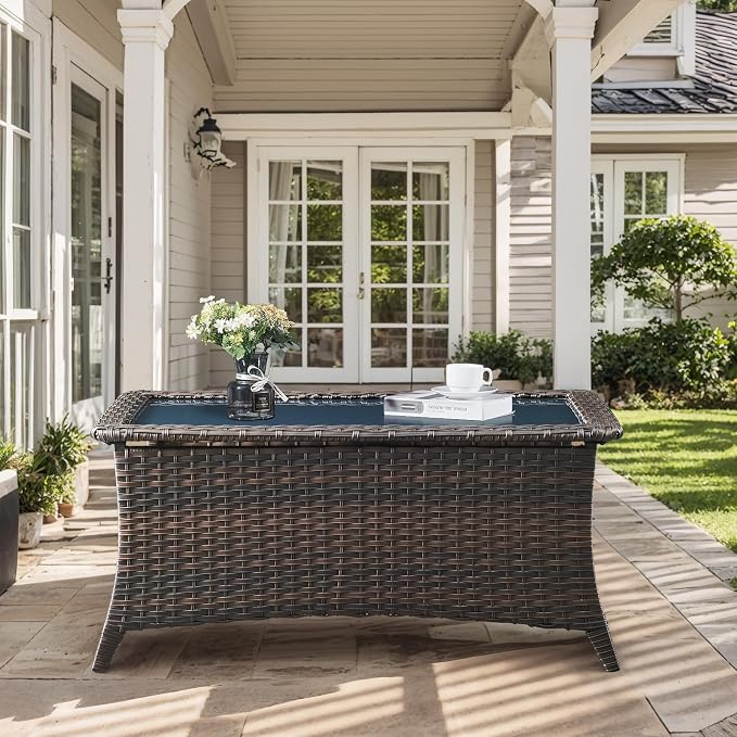 Outdoor Coffee Table - Patio Rattan Wicker Coffee Table with Tempered Glass Top Outdoor Table for Deck Porch Balcony Garden - Brown