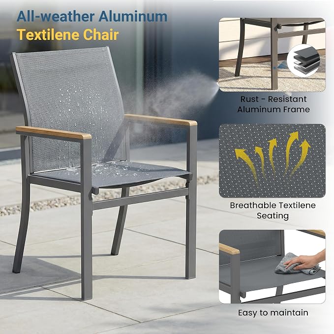 5-Pieces Aluminum Patio Table and Chairs for All-Weather, Patio Table Set with Heavy Duty HDPS Square Table, Outdoor Patio Dining Furniture Set with Breathable Quick-Drying Textilene Chairs
