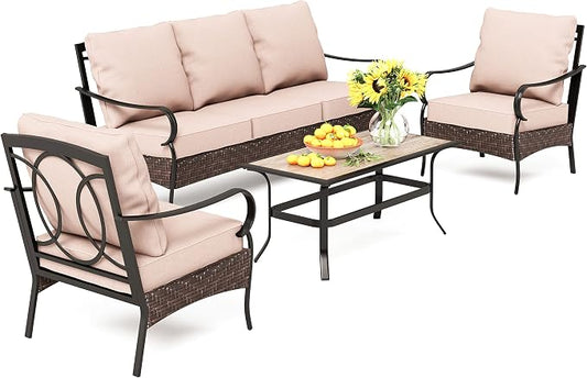 PHI VILLA Outdoor Patio Furniture Set，Premium Rattan Wicker Metal Patio Conversation Sets for Backyard w/Coffee Table, Seat Cushions