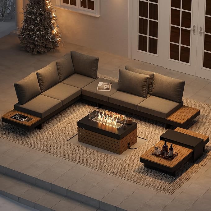 homary Patio Conversation Sets with Fire Pit, Modular Outdoor Sofa Aluminum & Teak Outdoor Sofa Se with Glass Wind Guard Ideal for Patios & Balconies, 6 Pepole