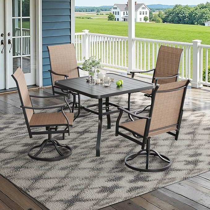 Soohow Patio Dining Set for 4, 5 Piece Outdoor Table and Chairs Set, 4 x Swivel Patio Chairs with Textilene Fabric and 35"x35" Outdoor Dining Table with 1.57" Umbrella Hole for Poolside, Backyard