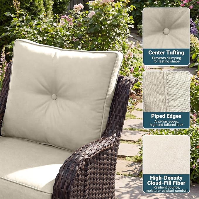Luxury Patio Conversation Set, 3-Piece Ergonomic High Back Wicker Swivel Chair Set with 6-Inch Deep Seating Cushions, Large Patio Furniture Set for Garden, Deck & Balcony, Beige
