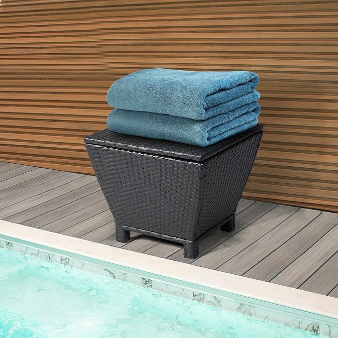 20in Outdoor PE Wicker Side Table,Trapezoidal Patio Rattan End Table,Outside Storage Bin Container,All-Weather Small Storage Box Tables,with Lid,for Garden Porch Poolside Deck Backyard (Black)