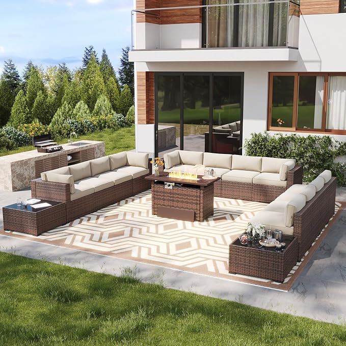 LazySunsets 15 Piece Outdoor Patio Furniture Set with 44'' Fire Pit Table, Outdoor Patio Furniture Set with 4'' Thicken Cushion, Wicker Rattan Outdoor Conversation Set for Backyard & Garden, Beige
