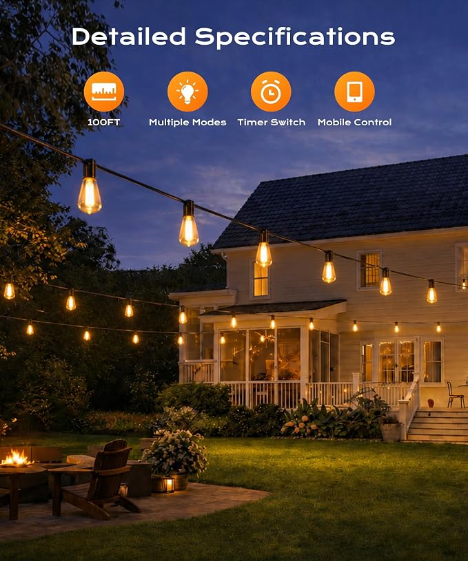 Outdoor String Lights, 100 FT Patio Lights for Outside | Smart App & Remote Control with Timer, Dimmable with 4 Scene Modes, Warm White Waterproof LED Bulbs for Garden, Yard Decor