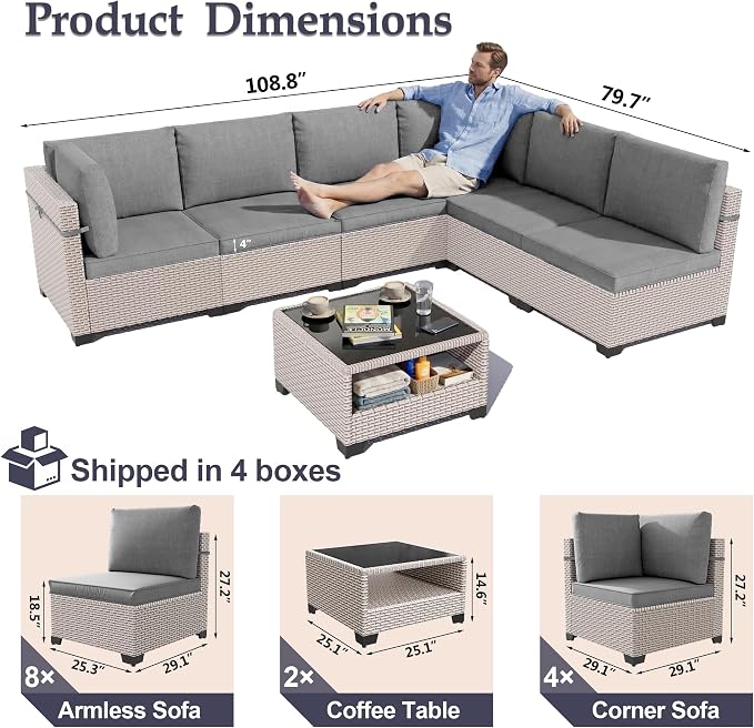 Patio Furniture Set, 14-Piece Outdoor Sectional Sofa with 2-Layer Glass Coffee Table, Wicker Patio Conversation Set with Gray Cushions for Backyard, Poolside, Porch