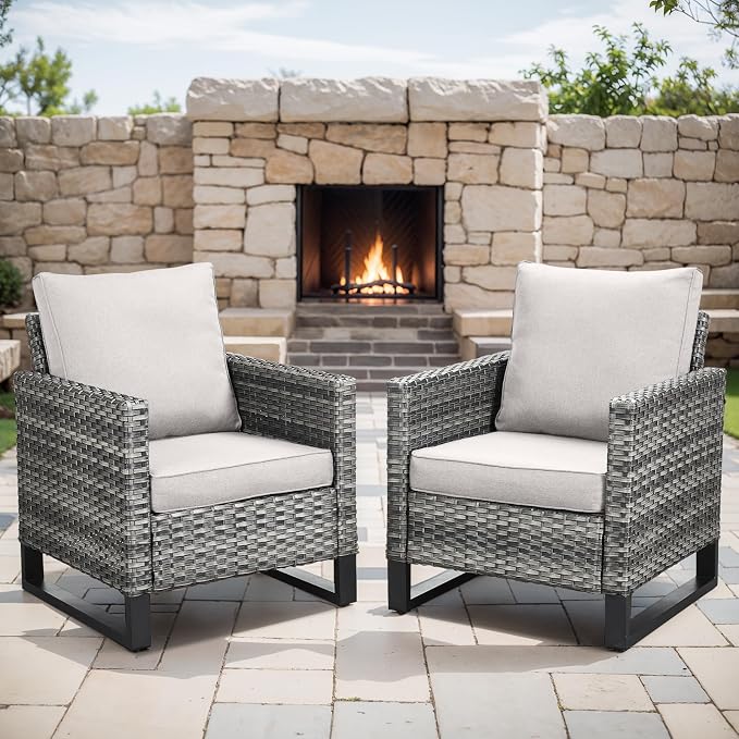 Rilyson Luxury Wicker Outdoor Patio Chairs Set of 2-Classic Rattan Chairs Water Resistant,Comfortable Cushions and Sturdy Metal Frame for Outside Porch Deck Backyard(Mixed Grey/Beige)