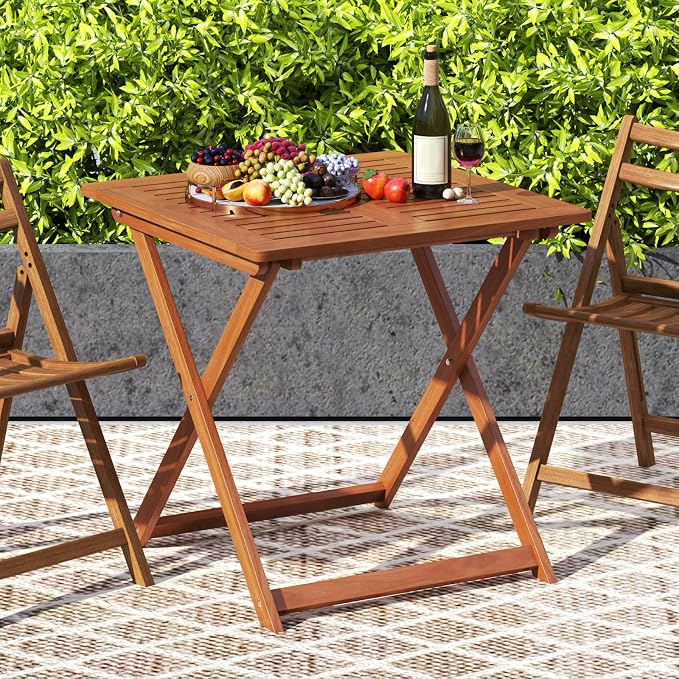 Folding Outdoor Dining Table, Solid Wood Bistro Tables with 2" Umbrella Hole, Square Foldable Patio Table for Porch Balcony Deck Garden Yard, Teak Oil Finish