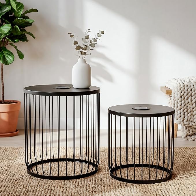 cinkehome Solar Outdoor Side Table Set of 2, All-Weather Metal Nesting Tables, Round End Table for Indoor, Patio, Poolside, Backyard, Matte Black